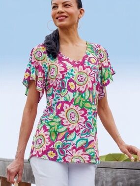 Soft Surroundings Elena Tunic Top Rio Garden Drapey Flutter Sleeve - Large